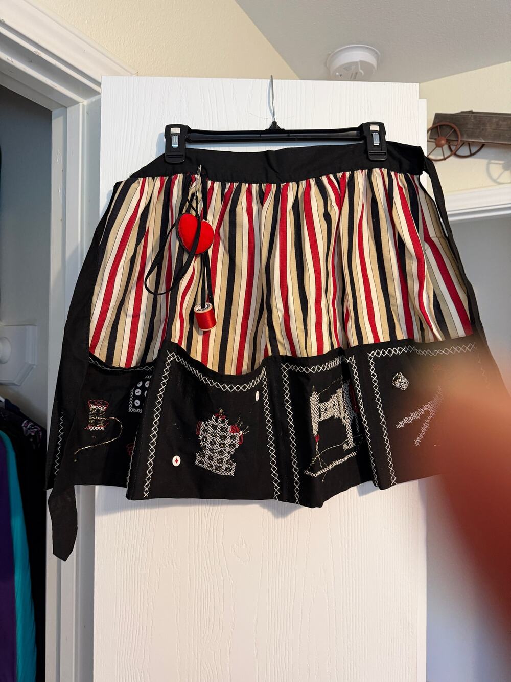 Handmade Sewing Utility Apron with Multiple Pockets & Embroidered Sewing Motifs